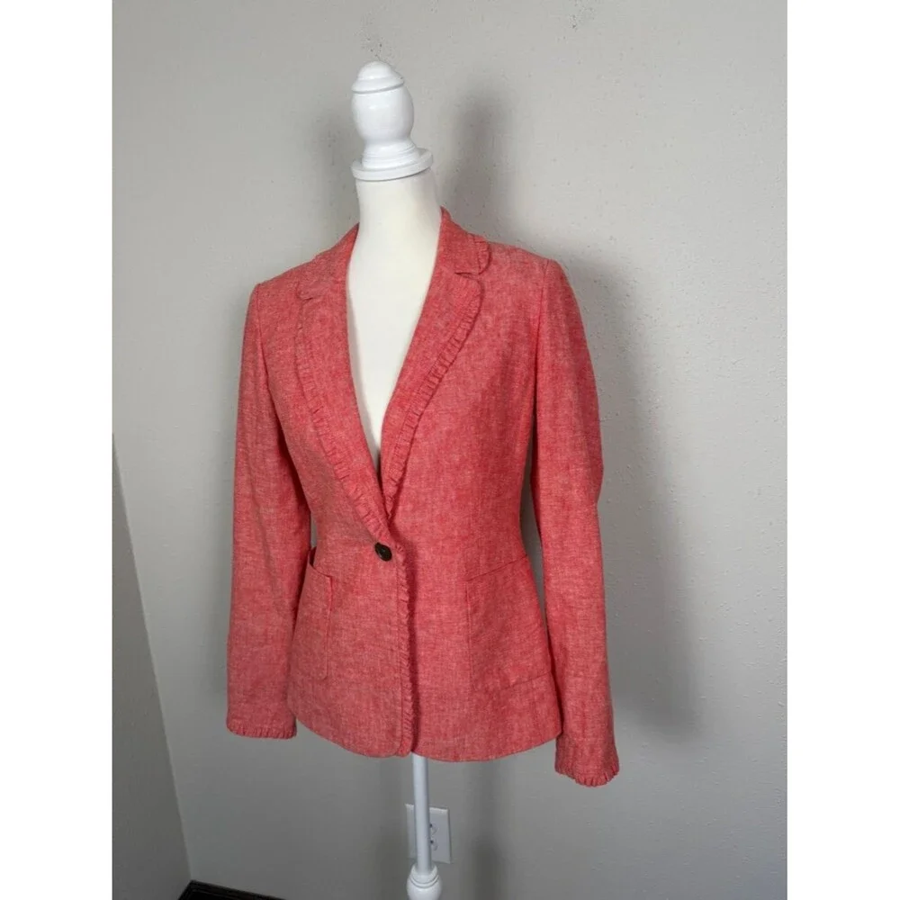 Boden Red Linen Blend Blazer Ruffle Trim Jacket Tailored UK 10 US 6 Career Chic